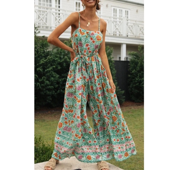 Bellanblue Pants - Boho Green Floral Print Wide Leg Belted Jumpsuit